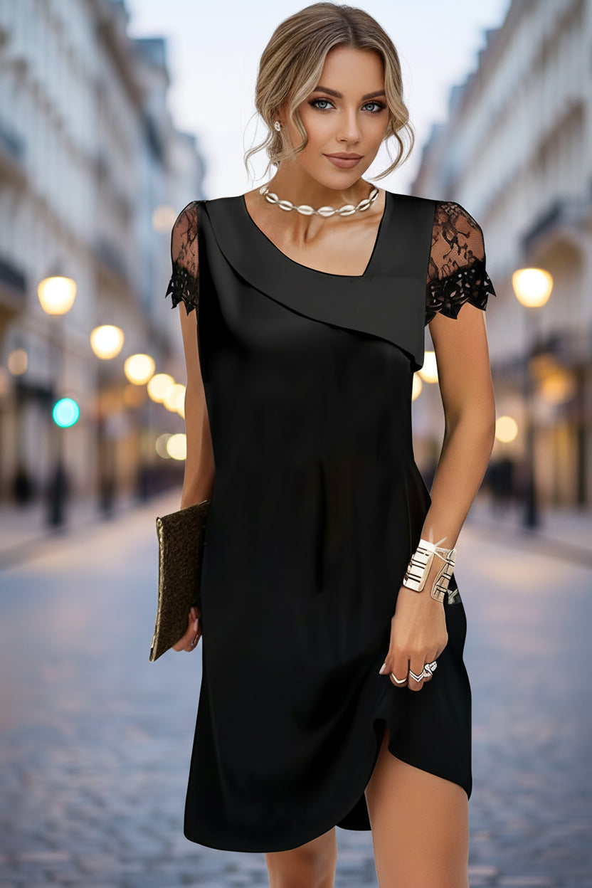 Women’s Satin Lace-Sleeve Asymmetric Midi Dress