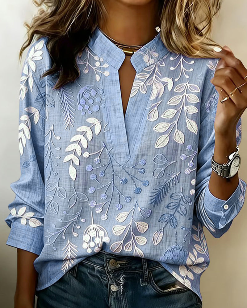 Women's Floral Print Linen V-Neck Long Sleeve Blouse