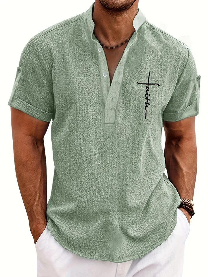 Men Henley Linen Shirt Casual Short Sleeve Cross Graphic Tee