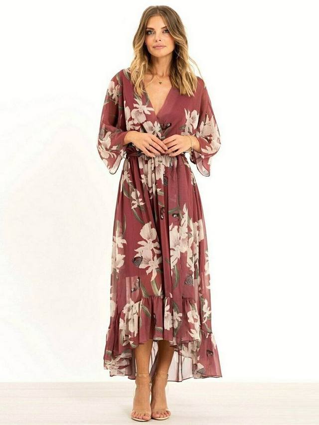 Women's Chiffon V-Neck Floral High-Low Wrap Maxi Dress
