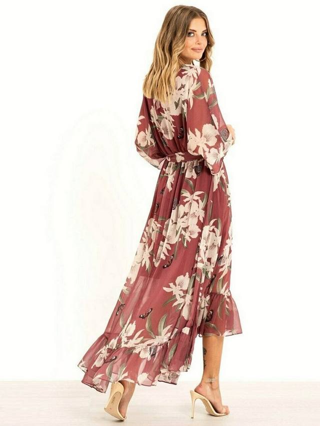 Women's Chiffon V-Neck Floral High-Low Wrap Maxi Dress