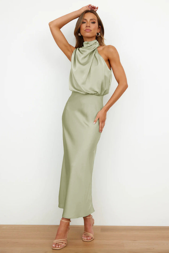 Women's Silk Satin High Neck Halter Midi Dress