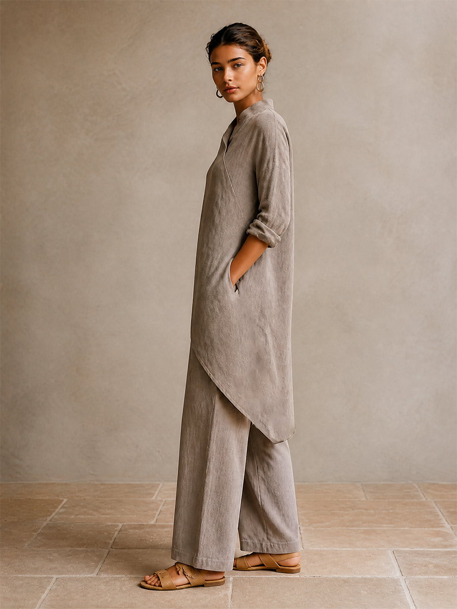 Women's Linen Asymmetrical Tunic Top and Wide Leg Pants Set