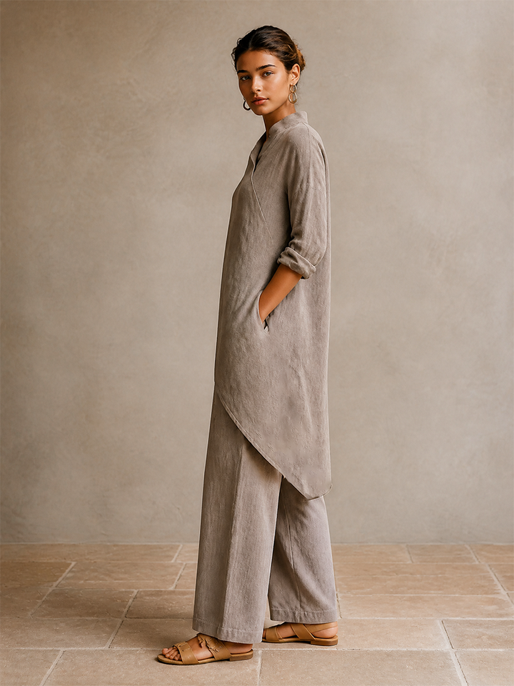 Women's Linen Asymmetrical Tunic Top and Wide Leg Pants Set