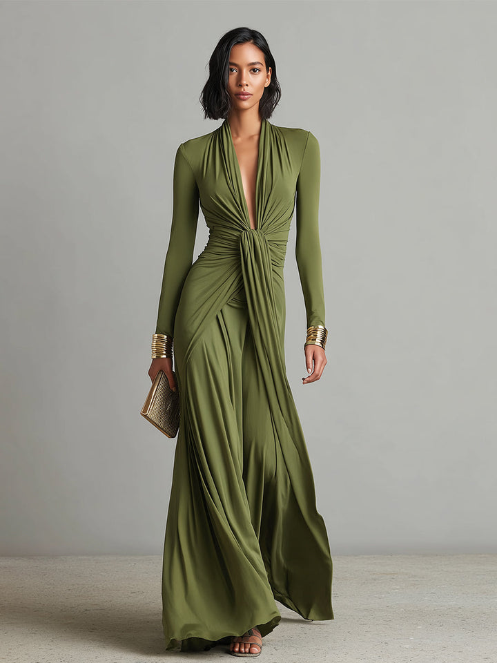 Women's Silk Stretch Long-Sleeve Deep V-Neck Ruched Maxi Dress