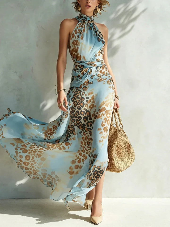 Robe longue sans manches pour femme en mousseline, à col licou et imprimé floral