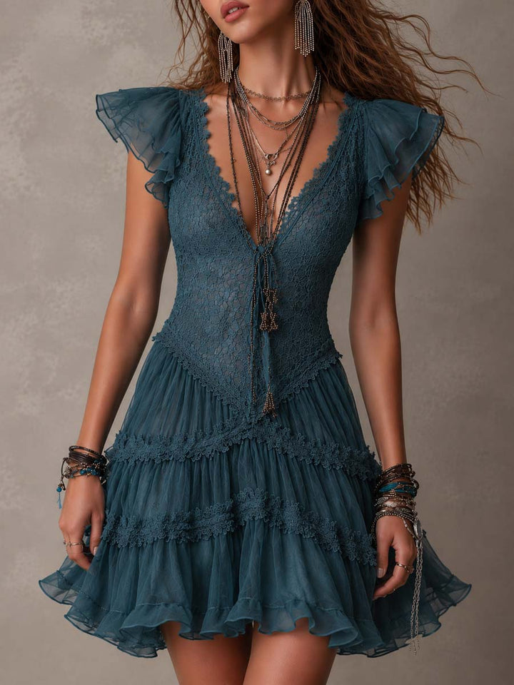Women's Deep V Lace Tulle Ruffle Cap Sleeve Layered Mini Dress