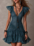 Women's Deep V Lace Tulle Ruffle Cap Sleeve Layered Mini Dress