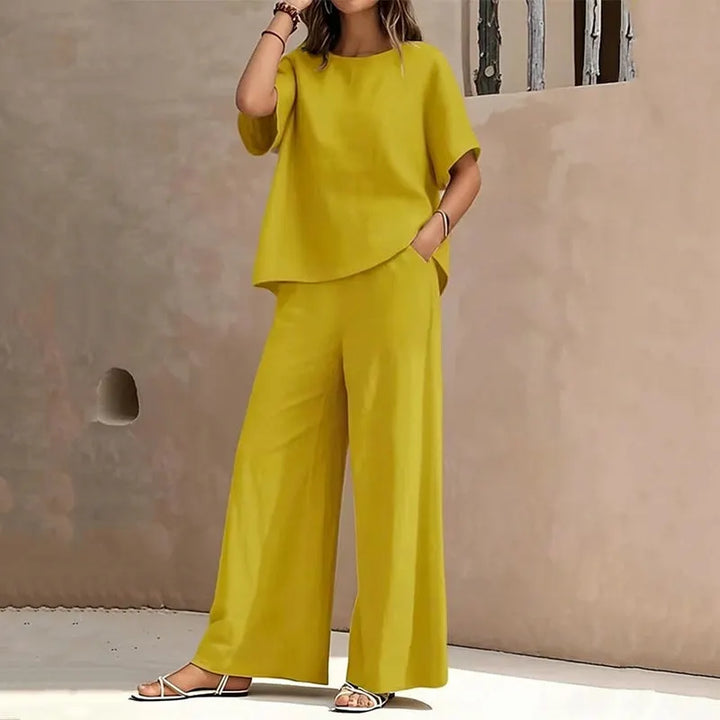 Női bő szárú nadrág és elegáns kerek nyakú lenkeverék szett