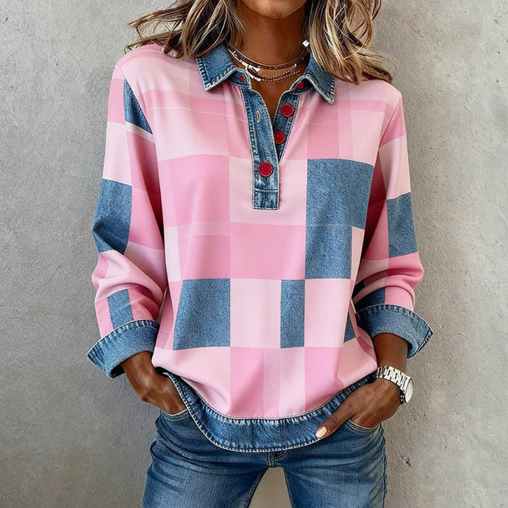 Women's Fleece Checkered Polo Sweatshirt Long Sleeve Top