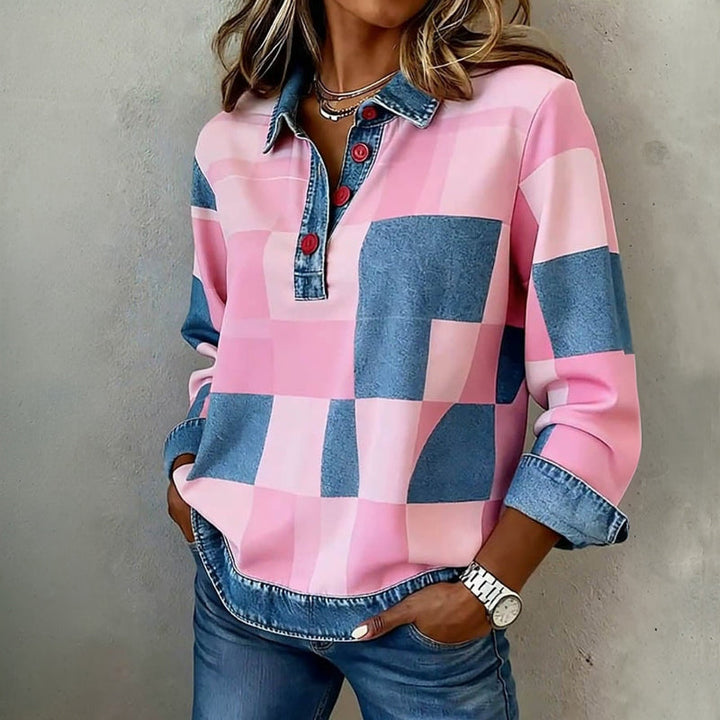 Women's Fleece Checkered Polo Sweatshirt Long Sleeve Top