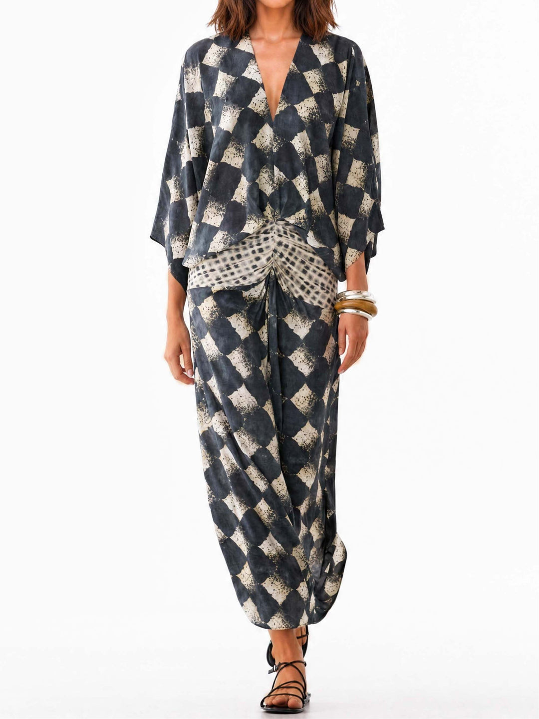 Women's Boho Printed Linen V-Neck Long Sleeve Maxi Sundress