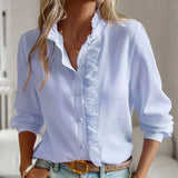Women's Linen Blend Blouse  Ruffle Stand Collar Long Sleeve Shirt
