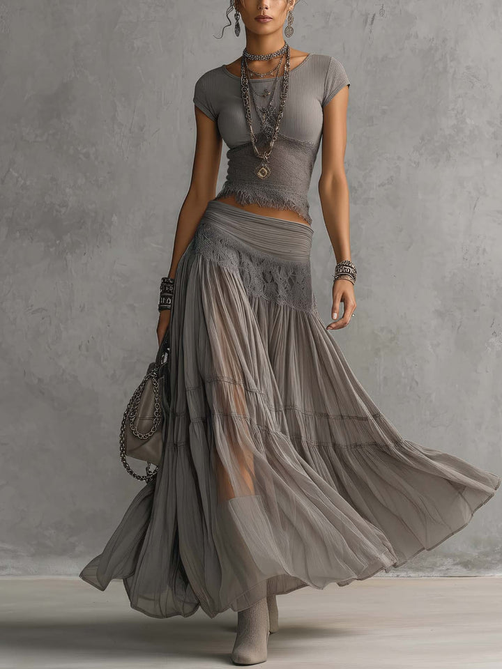 Women's Chiffon Short Sleeve Maxi Skirt Two Piece Set