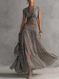 Women's Chiffon Short Sleeve Maxi Skirt Two Piece Set