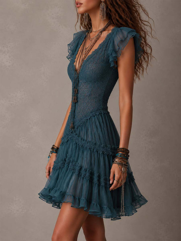 Women's Deep V Lace Tulle Ruffle Cap Sleeve Layered Mini Dress