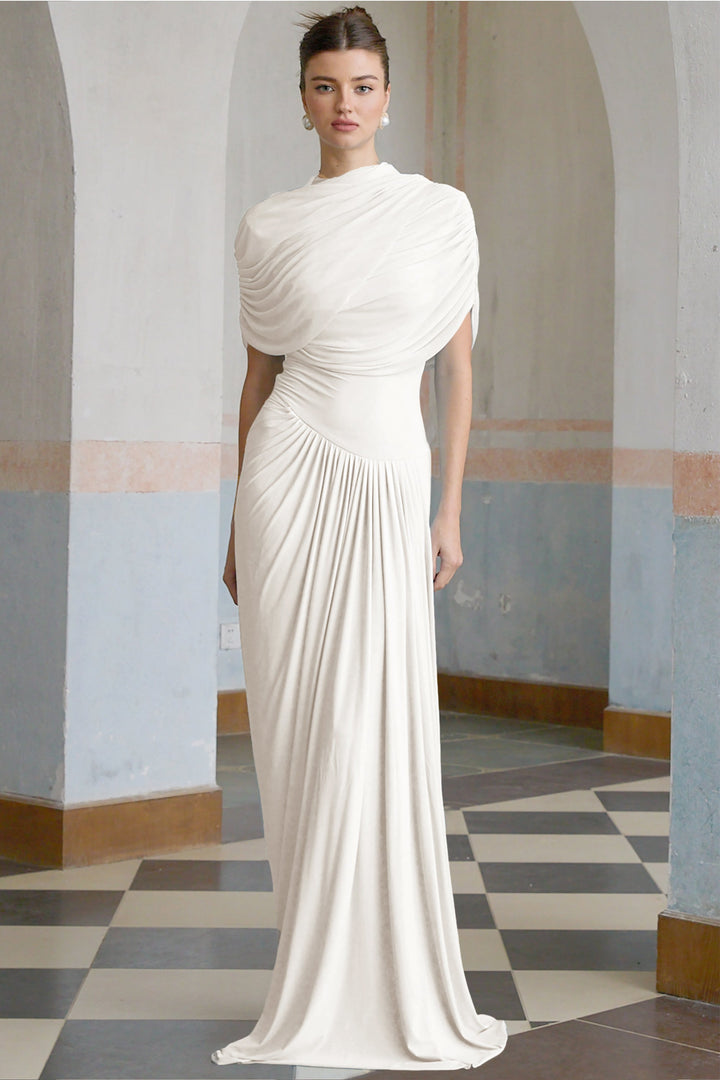 Women’s Satin Draped Mock-Neck Asymmetric Ruched Maxi Dress