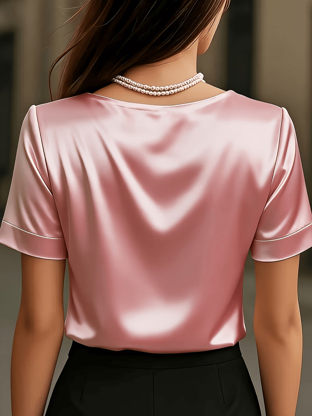 Women's Satin Blouse V Neck Short Sleeve Top Elegant Shirt