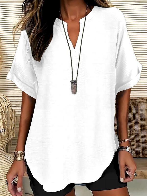 Women Linen Blouse V Neck Short Sleeve Casual Tunic Top