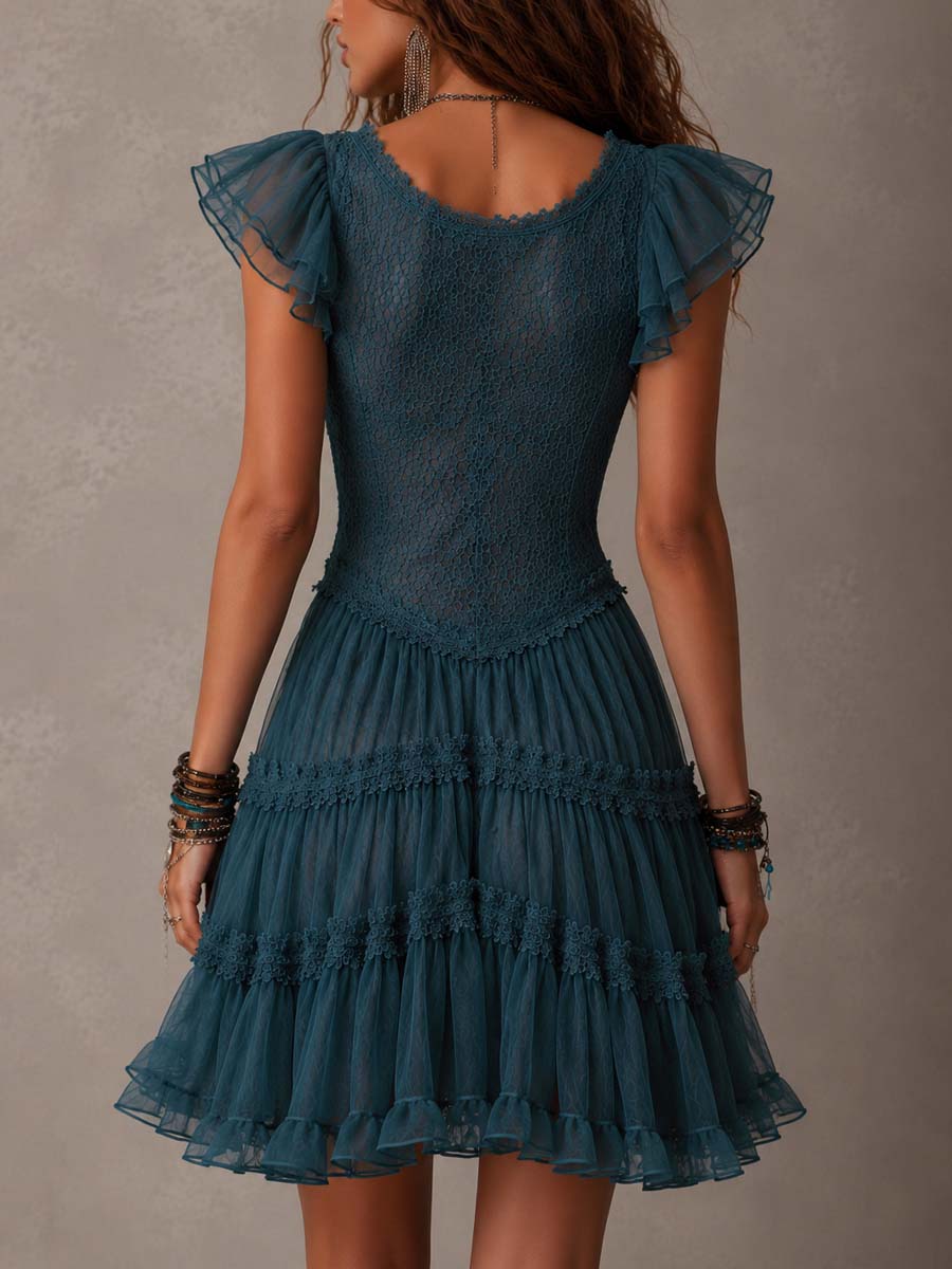 Women's Deep V Lace Tulle Ruffle Cap Sleeve Layered Mini Dress