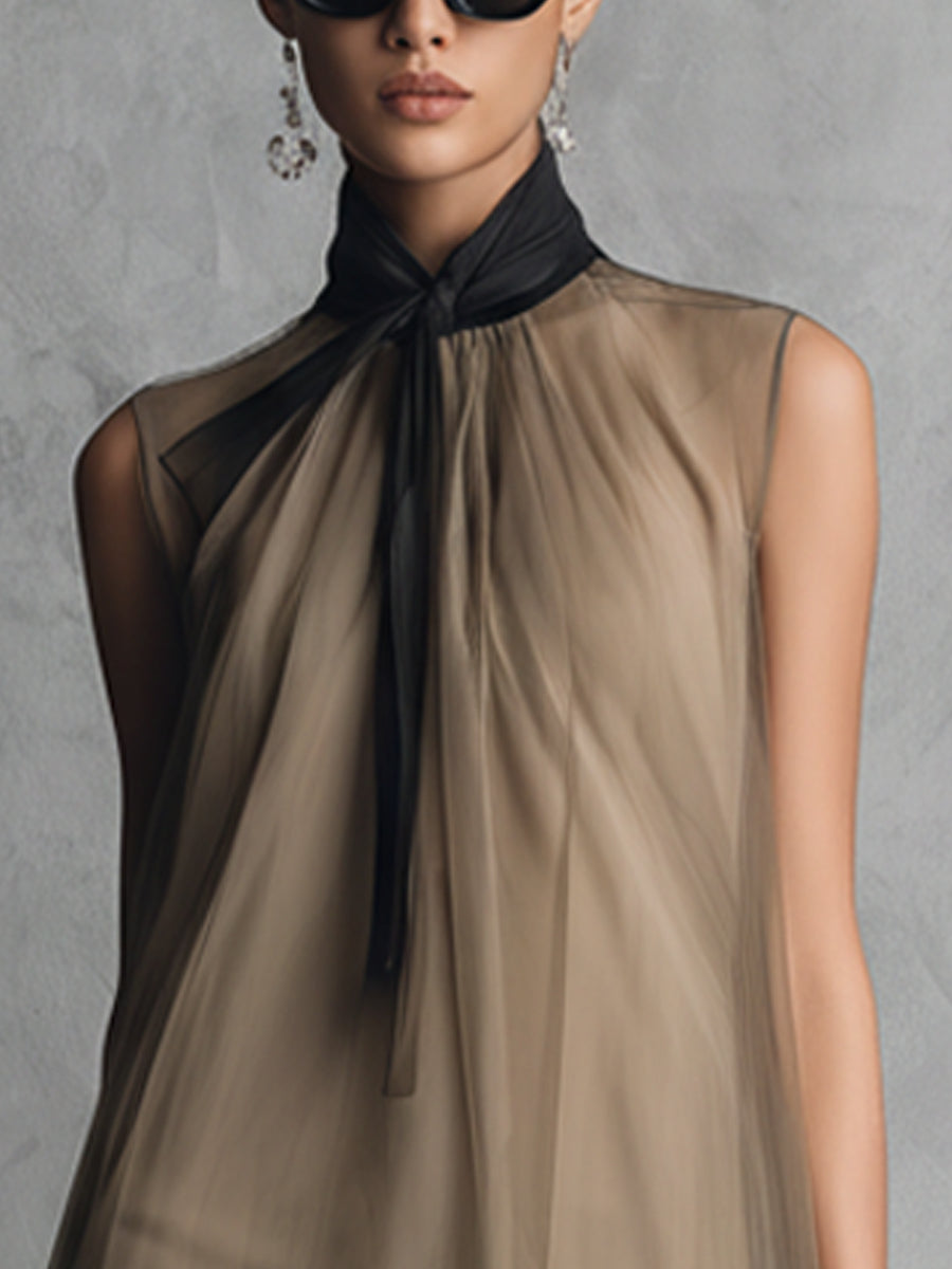 Robe midi asymétrique sans manches en maille à col montant pour femme