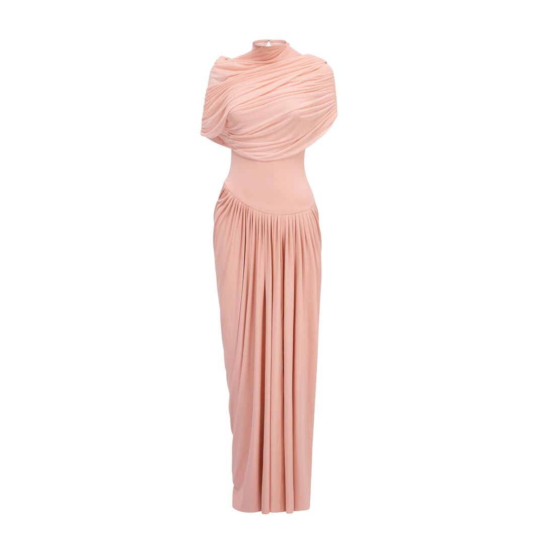 Women’s Satin Draped Mock-Neck Asymmetric Ruched Maxi Dress