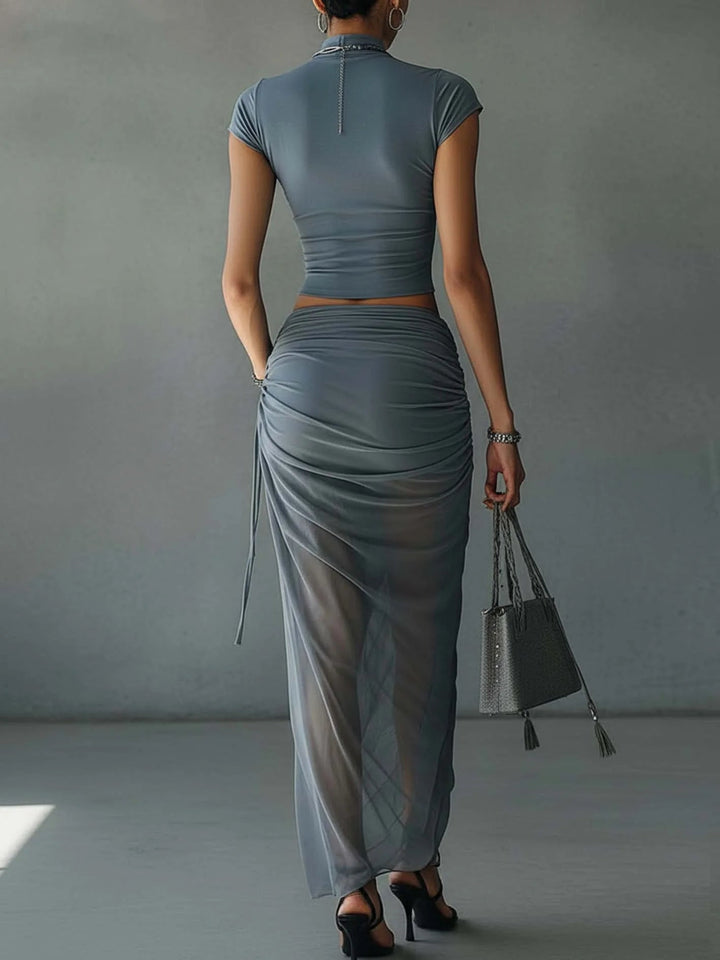 Women's Knit Short-Sleeve Top and Draped Skirt Set