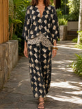 Women's Boho Printed Linen V-Neck Long Sleeve Maxi Sundress