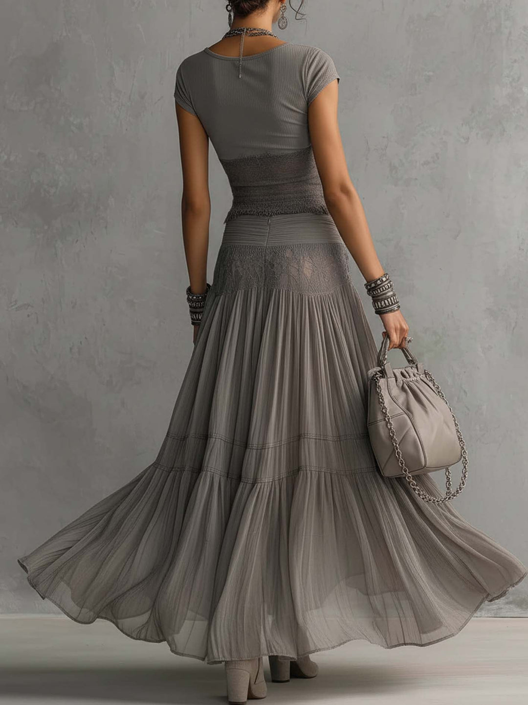 Women's Chiffon Short Sleeve Maxi Skirt Two Piece Set
