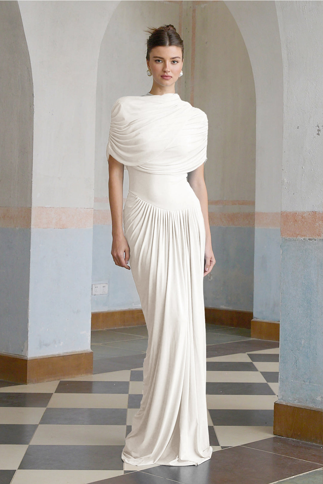 Women’s Satin Draped Mock-Neck Asymmetric Ruched Maxi Dress