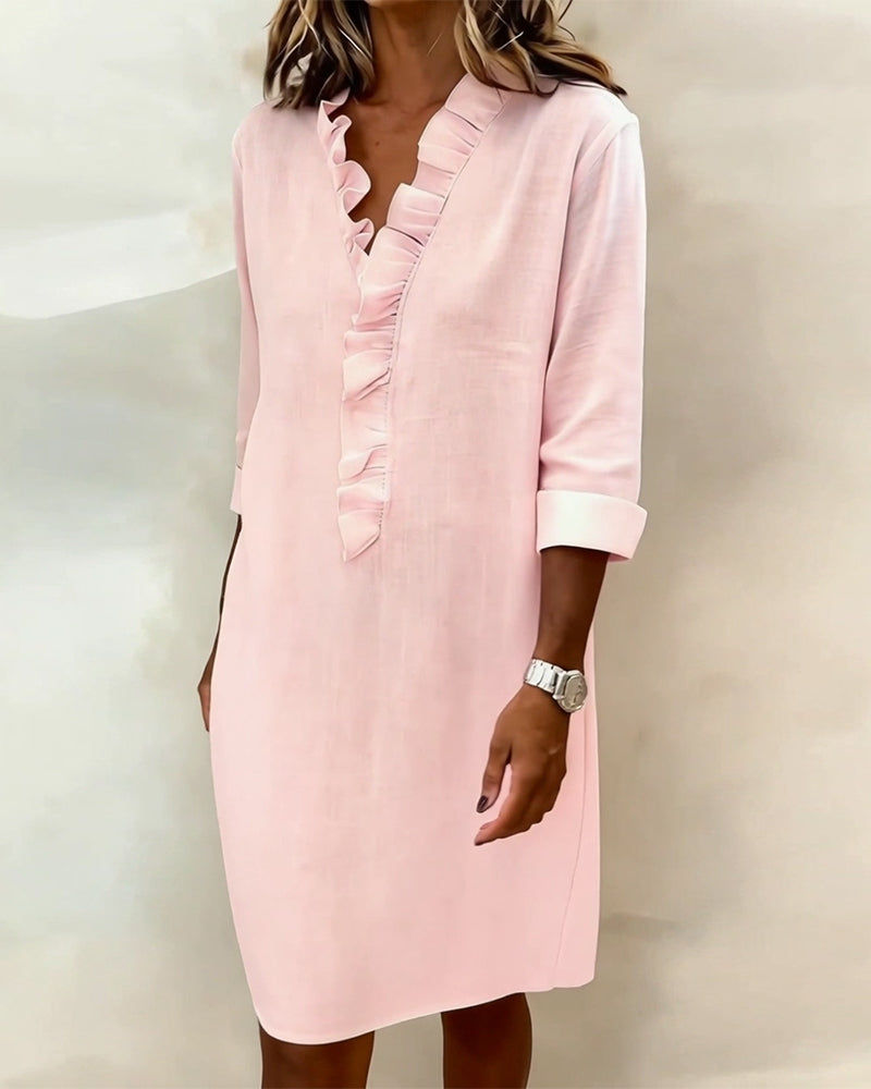 Women's Linen Dress Casual V Neck Tunic Shift Long Sleeve Shirt