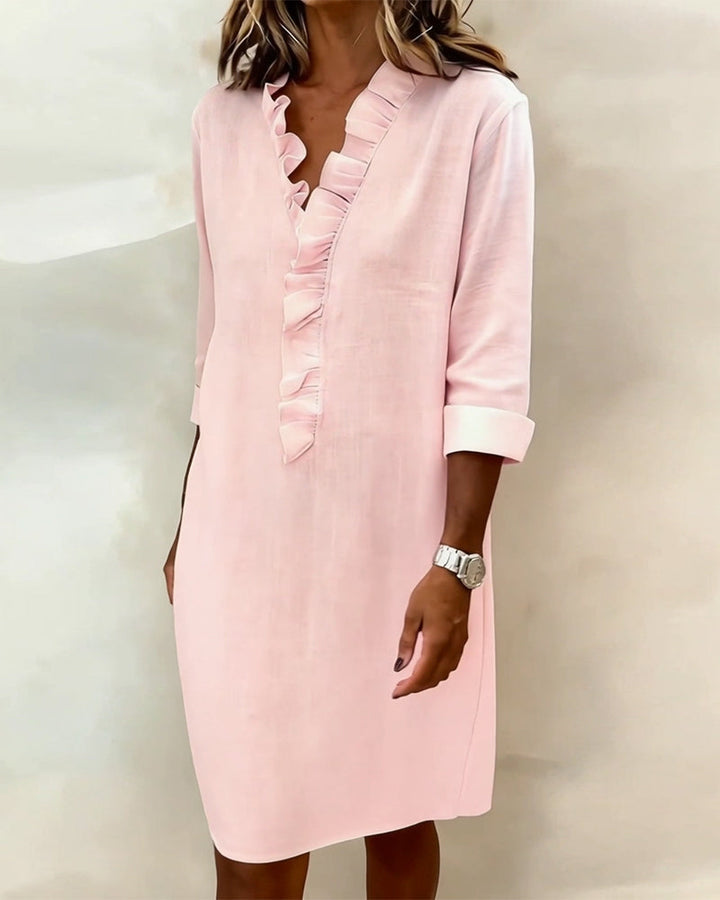Women's Linen Dress Casual V Neck Tunic Shift Long Sleeve Shirt