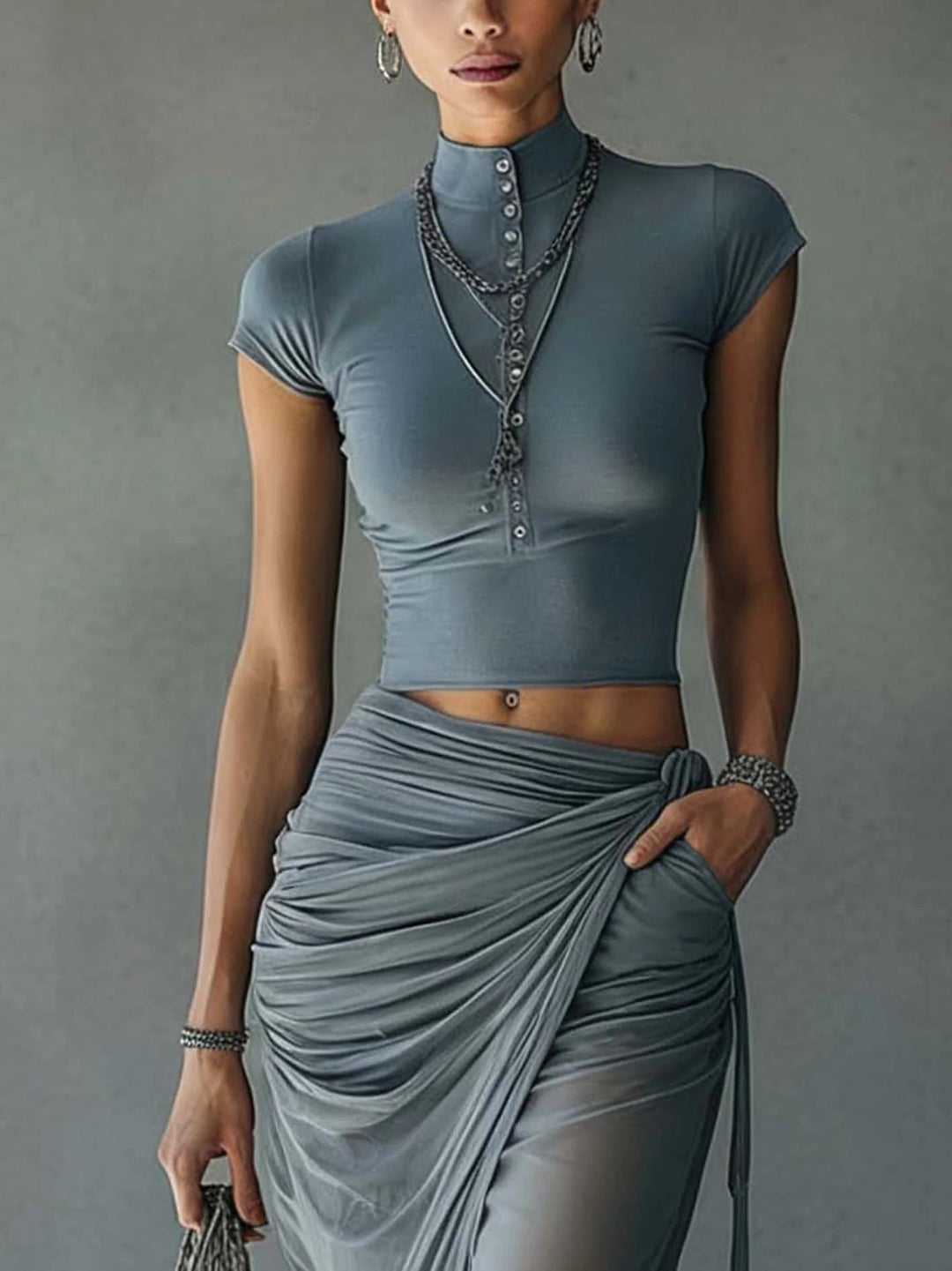 Women's Knit Short-Sleeve Top and Draped Skirt Set