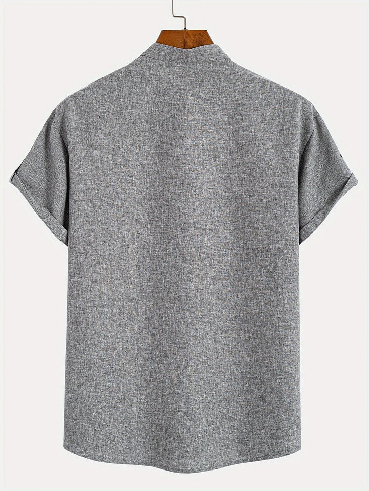 Men Henley Linen Shirt Casual Short Sleeve Cross Graphic Tee