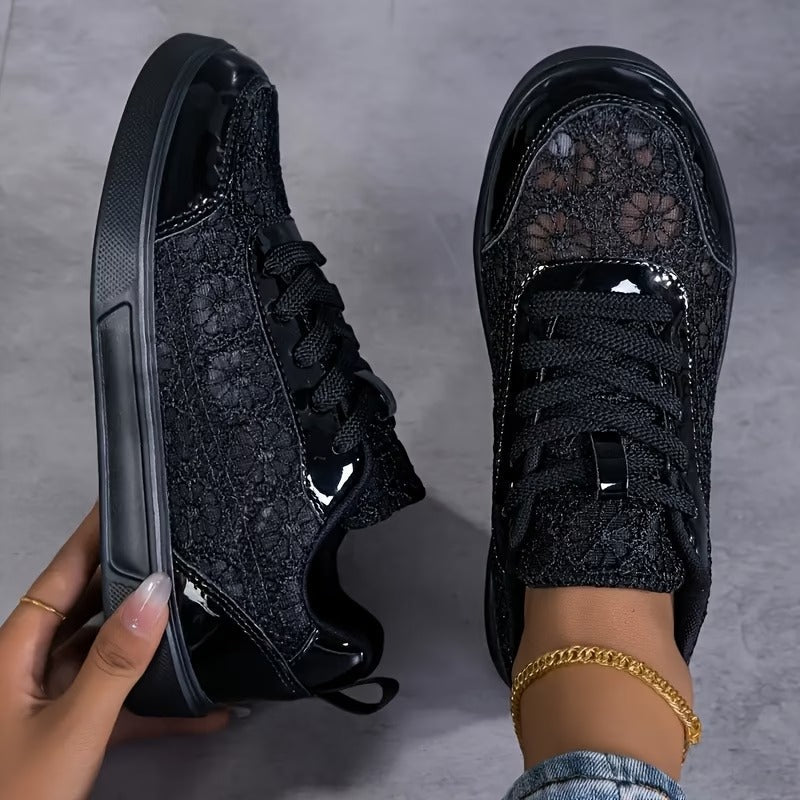 Women's Leather Floral Lace-Up Sneakers