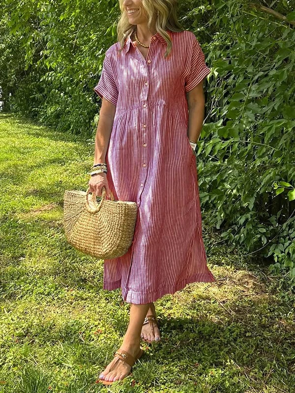 Linen Maxi Dress Women's Short Sleeve V-Neck Loose Fit Casual Shirt Dress