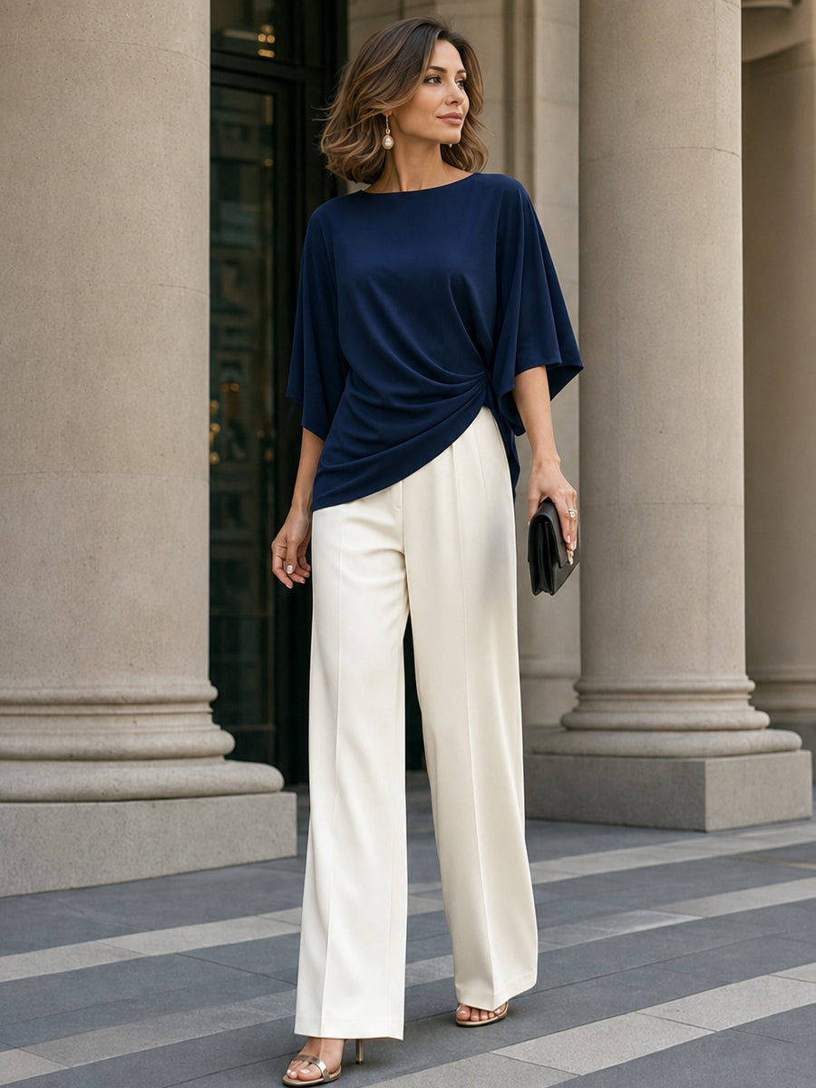 Σετ από σατέν μπλούζα με ντραπέ σχέδιο και παντελόνι με φαρδιά μπατζάκια για κομψές εμφανίσεις