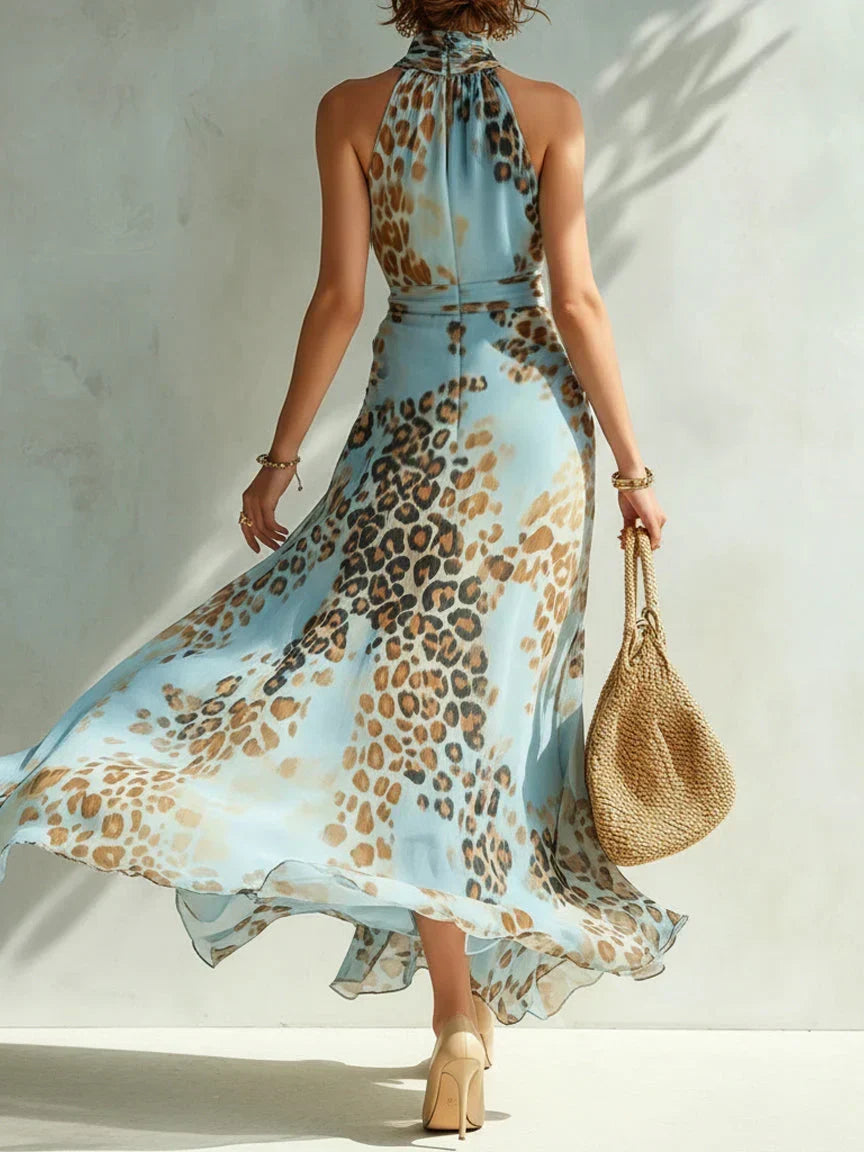 Robe longue sans manches pour femme en mousseline, à col licou et imprimé floral