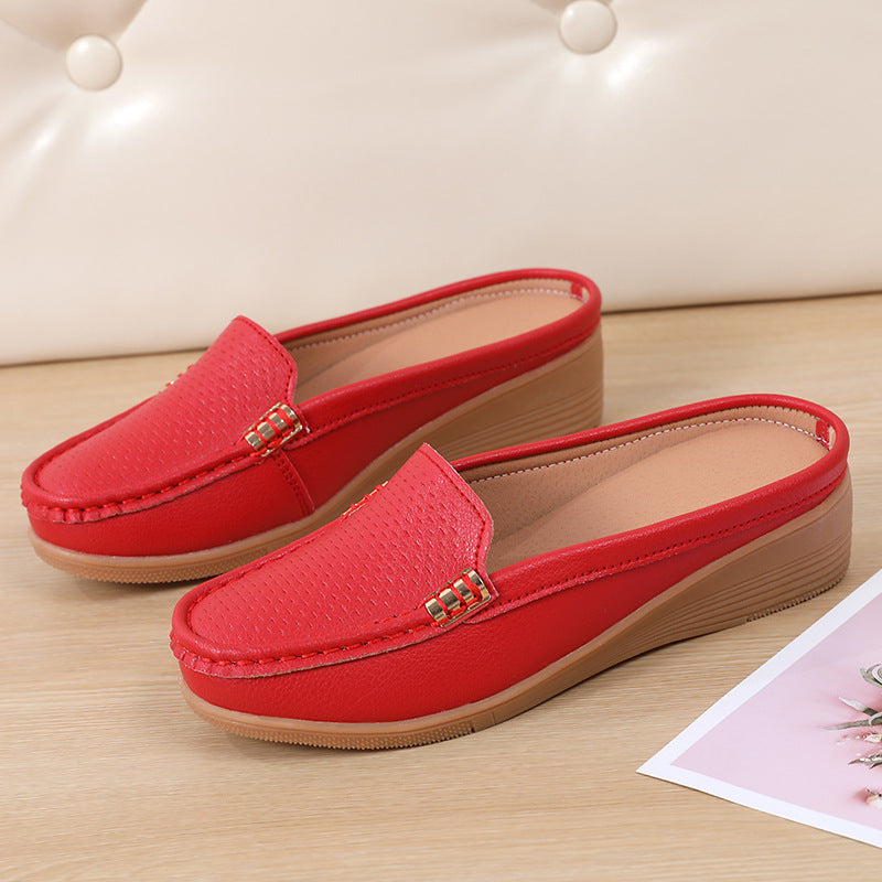 Women's Leather Mules Wedge Loafers Slip On Shoes