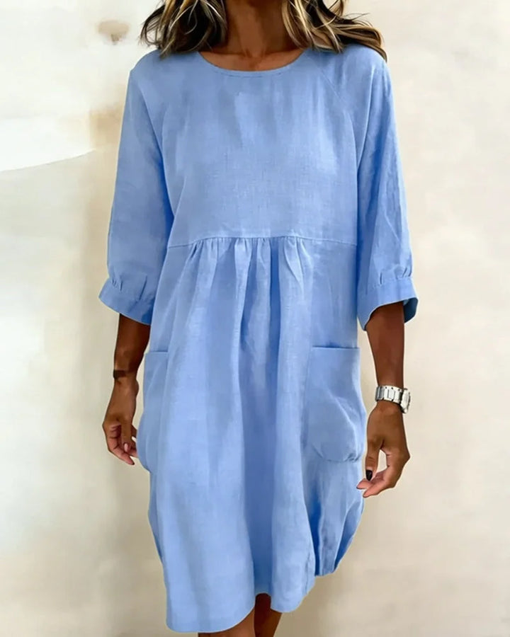 Women's Linen Crewneck Pocket Gathered Loose Dress