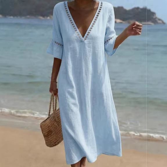 Women's Linen V Neck Beach Cover Up Kaftan Maxi Dress