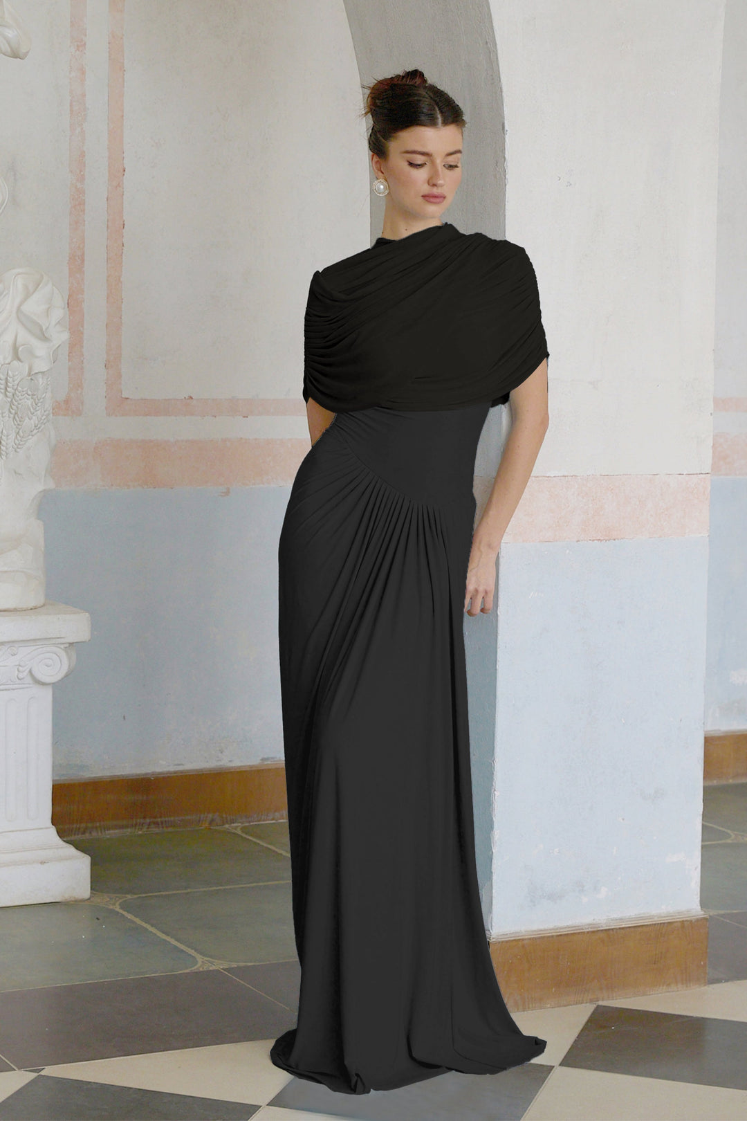 Women’s Satin Draped Mock-Neck Asymmetric Ruched Maxi Dress