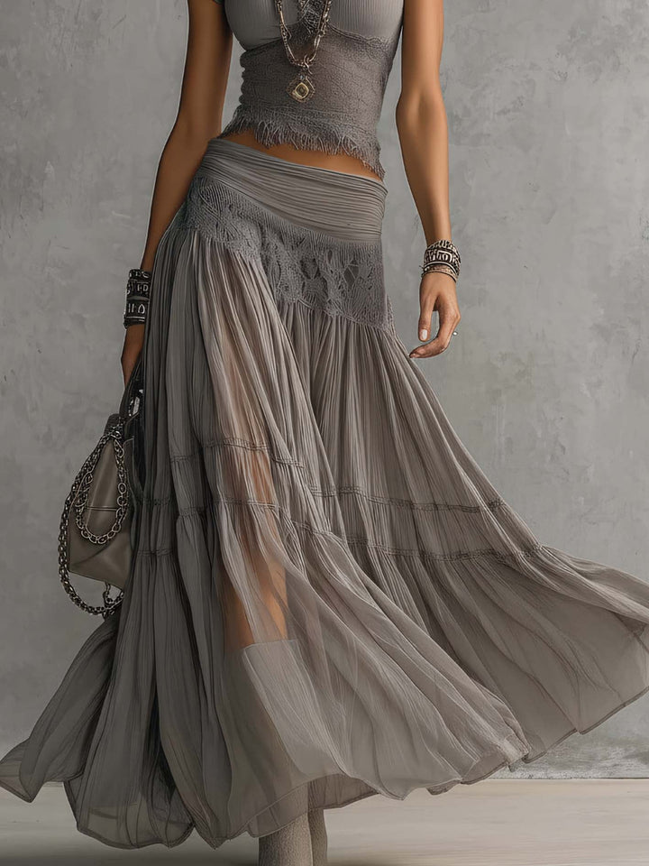 Women's Chiffon Short Sleeve Maxi Skirt Two Piece Set