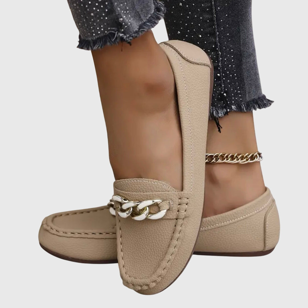 Women's Leather Loafers Chain Flat Shoes Moccasins Slips On