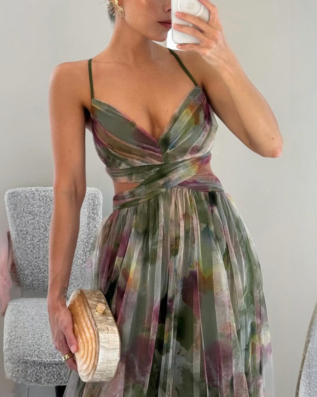 Women's Floral Print Chiffon Cutout V-Neck Backless Maxi Dress