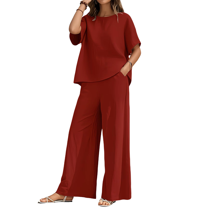Női bő szárú nadrág és elegáns kerek nyakú lenkeverék szett