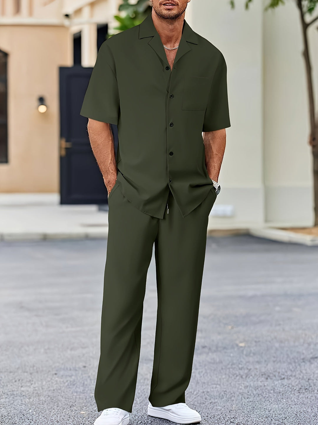 Men's Linen Blend Short Sleeve Shirt and Trousers 2-Piece Set