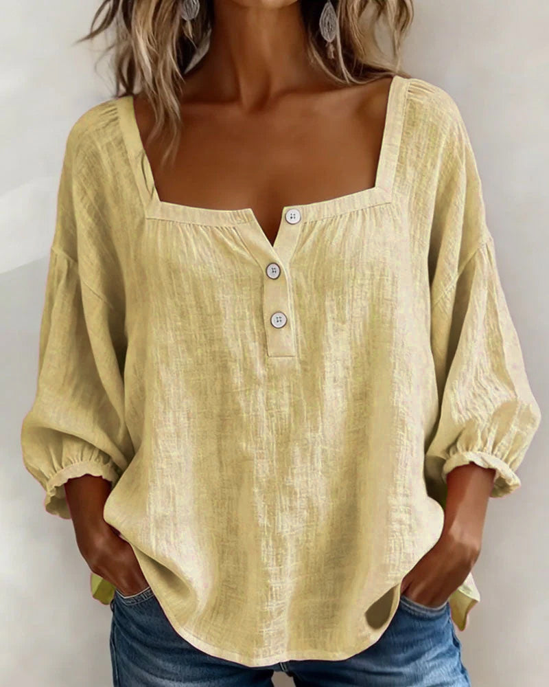 Women's Linen Blouse Square Neck Long Sleeve Casual Top Shirt