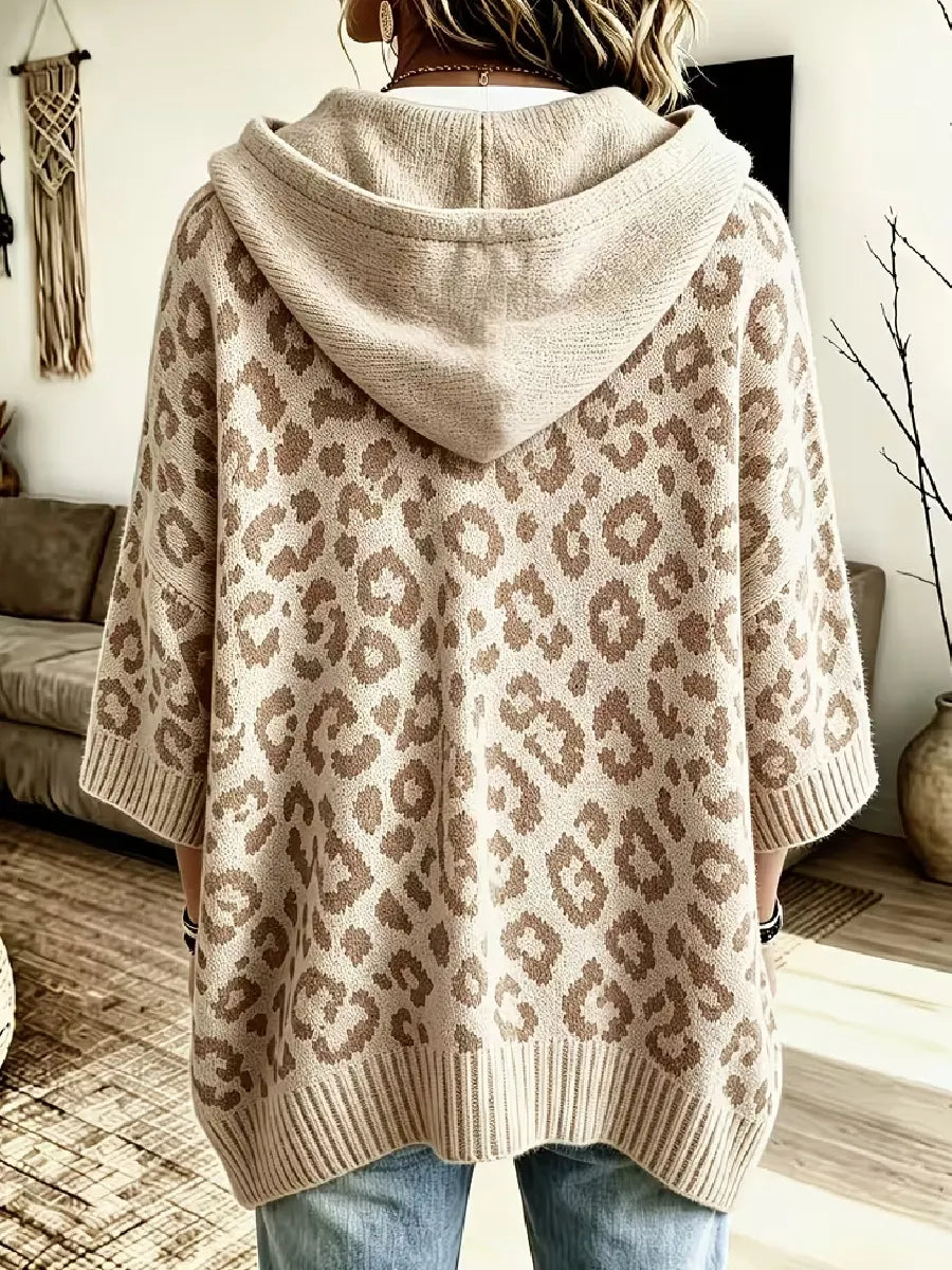 Women's Hooded Leopard Print Knit Poncho Sweater Pullover Jumper