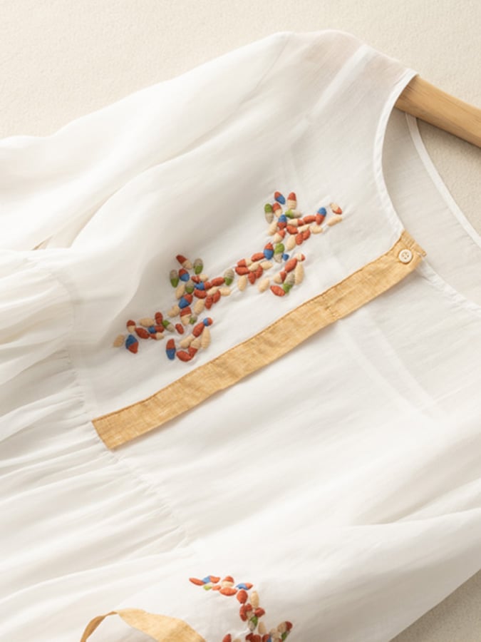Women's Embroidered Linen Midi Dress Dress Floral Boho Casual A-Line Fit